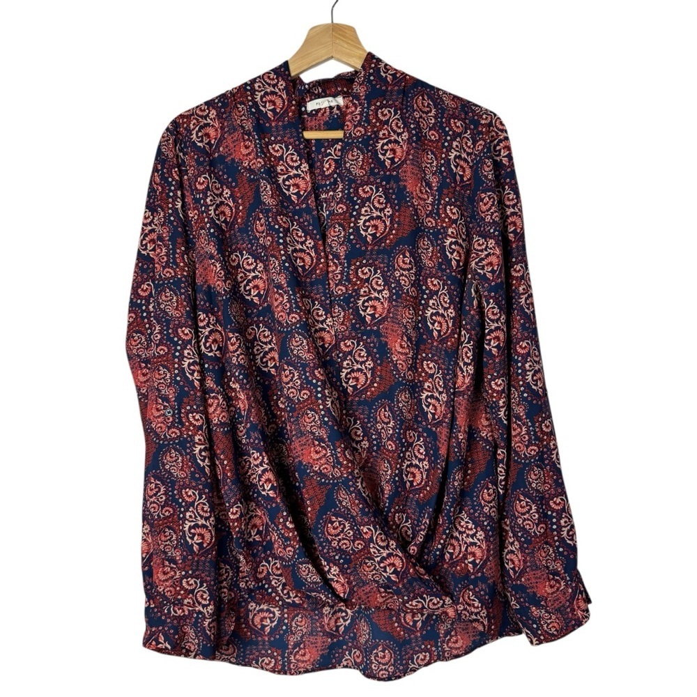 Pleione Blue & Red Paisley Printed‎ Wrap Front Long Sleeve Blouse XL